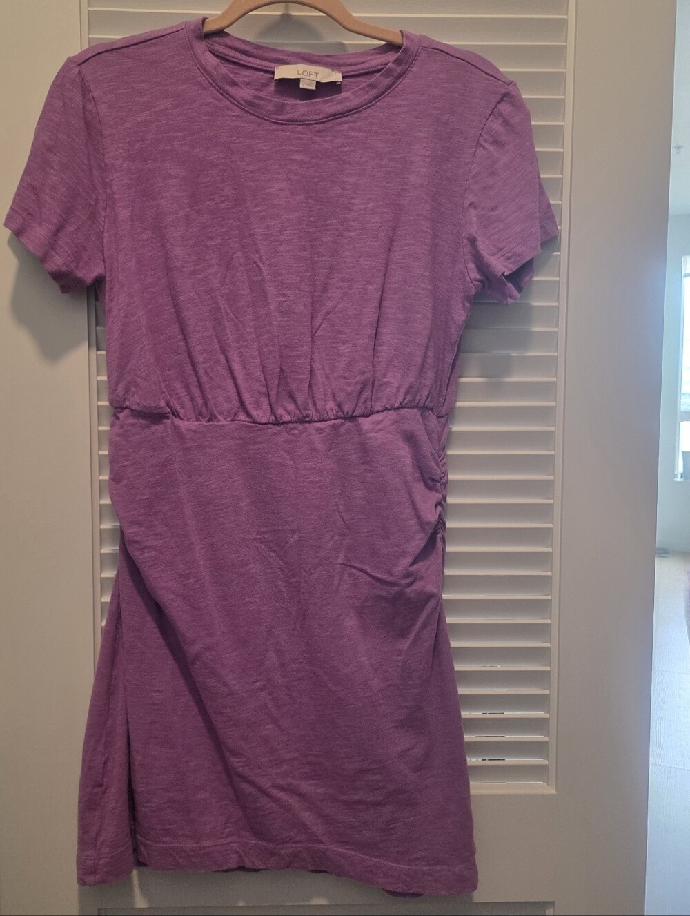 LOFT Purple Short Sleeve Ruched Mini Dress